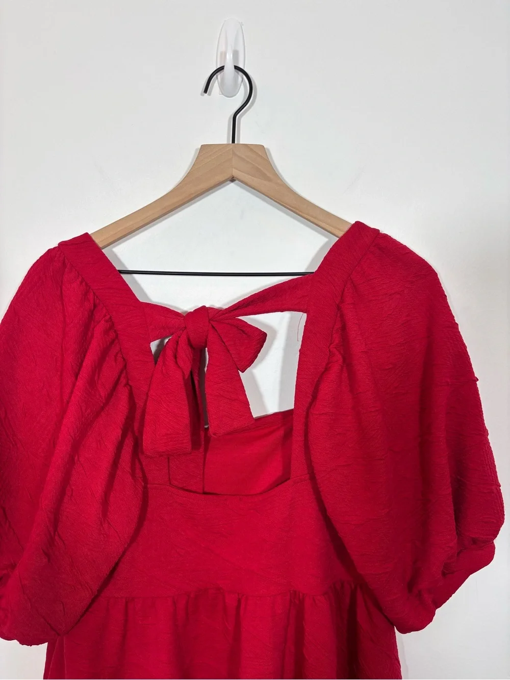 FREE PEOPLE Violet Mini Dress Textured Red Medium Puff Sleeve Tie Back Babydoll